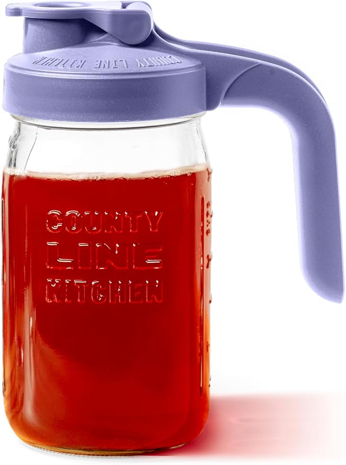County Line Kitchen Glass Mason Jar Pitcher with Lid - Wide Mouth, 1 Quart (32 oz) - Heavy Duty, Leak Proof - Sun & Iced Tea Pitcher, Cold Brew Coffee, Breast Milk Storage, Water - Lavender