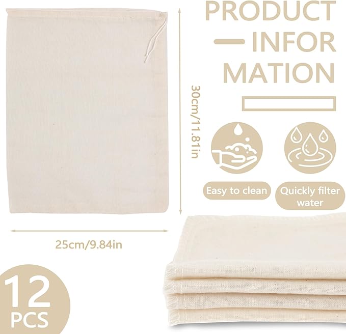 12 Pieces Milk Nut Bag Strainer 9" x 11", Reusable Cheese Cloth Bag for Straining Fruit Juice, Fine Mesh Food Cloth Strainer Filter for Cream Cold Brew Coffee Butter Yogurt Tea Tofu (25x30cm)