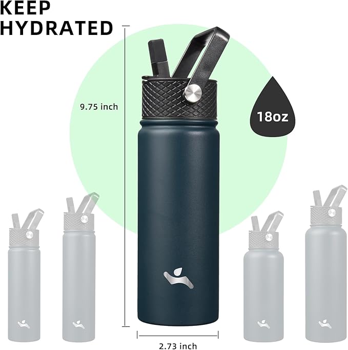 18 oz Insulated Water Bottle Stainless Steel Sport Bottles with 3 Lids,Navy Blue-FlexoryFit