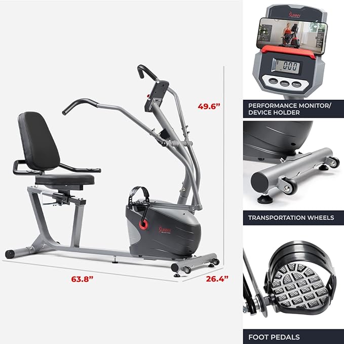 Sunny Health & Fitness Smart Recumbent Bike, Full-Body Home Training with Arm/Leg Exercisers, Indoor Cycling Workout Machine Plus Adjustable Seat & Bulit-in Pulse Sensors, Free SunnyFit App Connection-FlexoryFit