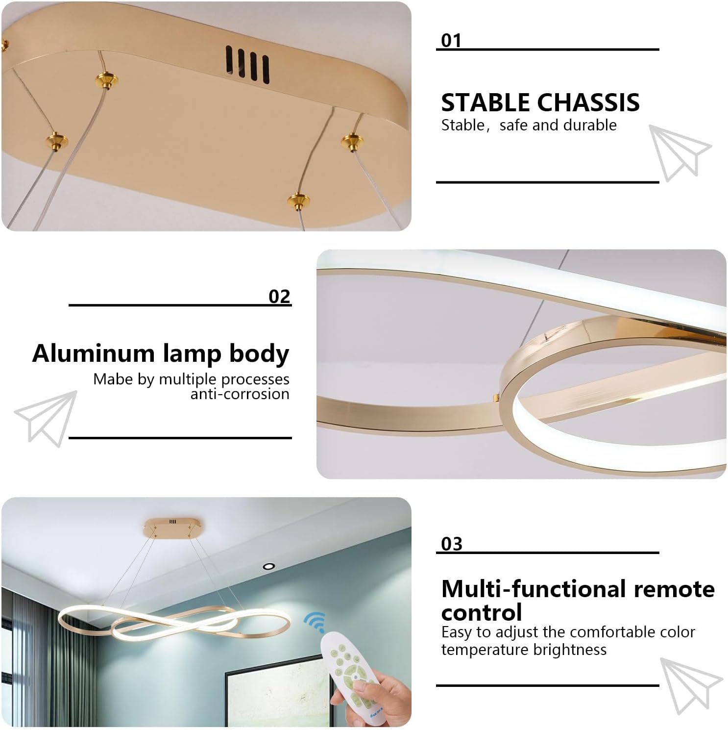 Modern Led Pendant Light for Kitchen Island Lighting Modern Gold Chandelier for Dining Room Light Fixture Over Table,Led Chandelier Light Fixture Height Adjusted (Electroplated Gold)