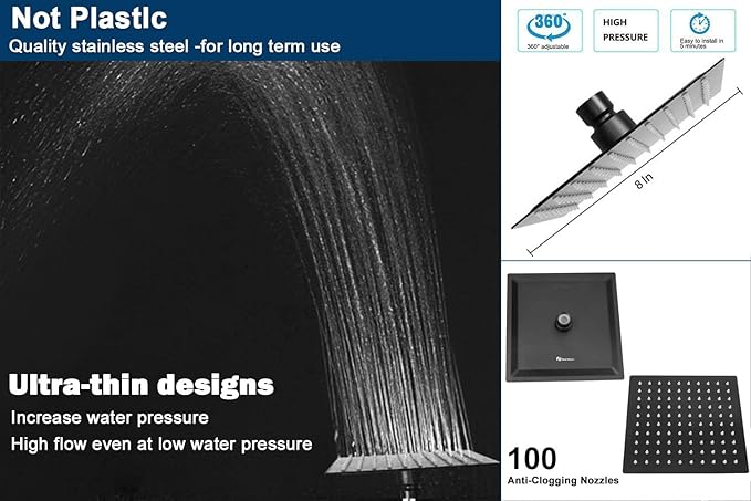 NearMoon Square Shower Head and 15 Stage Shower Filter Combo, High Pressure Filtered Head for Hard Water, Improves the Condition of Your Skin, Hair (Matte Black)