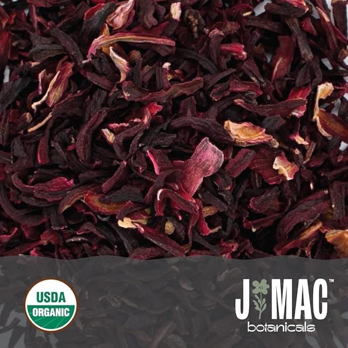 J Mac Botanicals, Organic Hibiscus Flower (4 ounce), Hibiscus tea, cut & sifted flowers, dried from Egypt, herbal tea leaves, Flor de Jamaica, edible-FlexoryFit