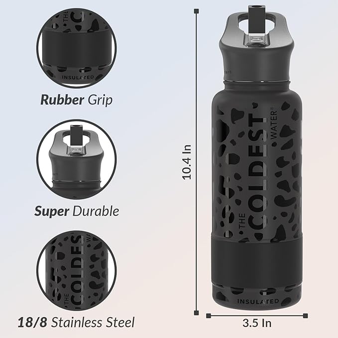 Coldest Insulated Water Bottle with Straw Lid - Stainless Steel Metal Insulated Bottle for Men & Women (Black Leopard, 32 oz)