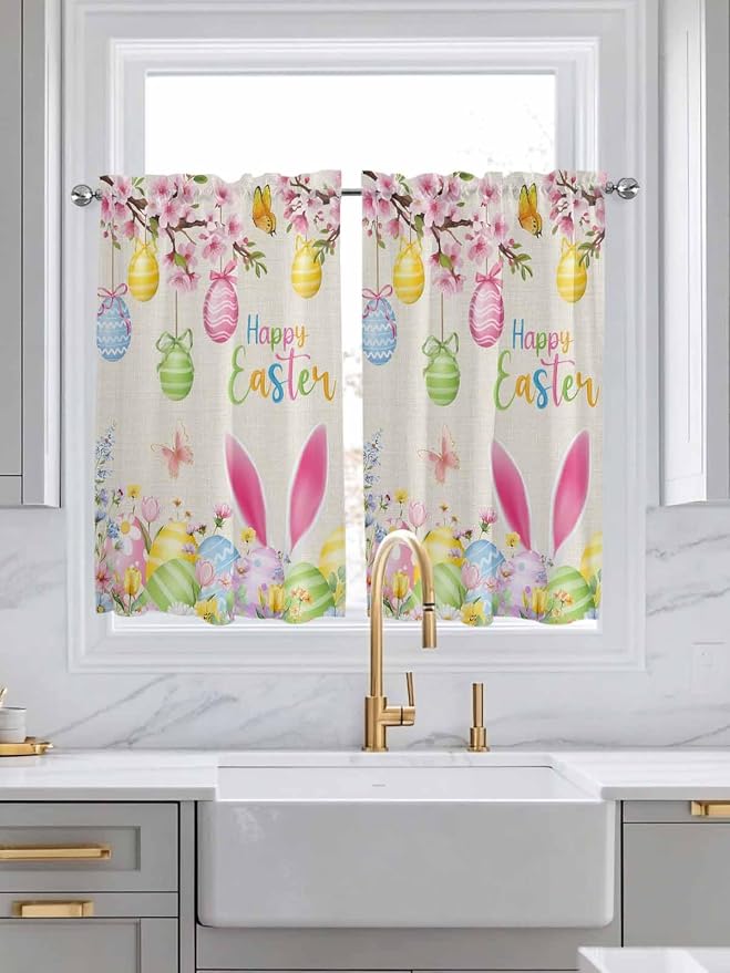 Happy Easter Tier Curtains 45 Inches Long, Spring Farmhouse Bunny Eggs Flower - Image 3