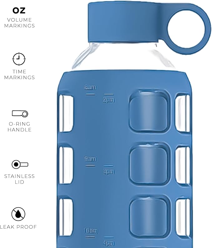 purifyou 40oz / 32oz / 22oz / 12oz Borosilicate Glass Water Bottle with Time & Volume Markers, Silicone Sleeve, Stainless Steel Lid | Reusable Glass Bottle for Water & Juice (40oz Chinese Porcelain)