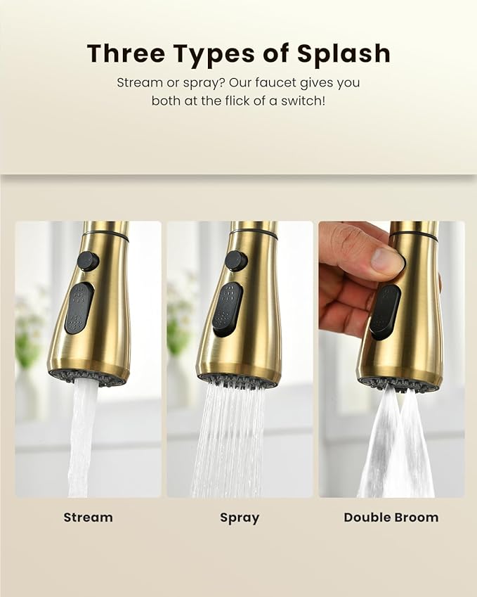 APPASO Kitchen Faucet with Water Filter, 2 Handle 3 Way Gold Kitchen Sink Faucet, High Arch 3 Hole Kitchen Faucet with Pull Down Sprayer - 3 in 1 Faucet (Without Water Filtration Device)