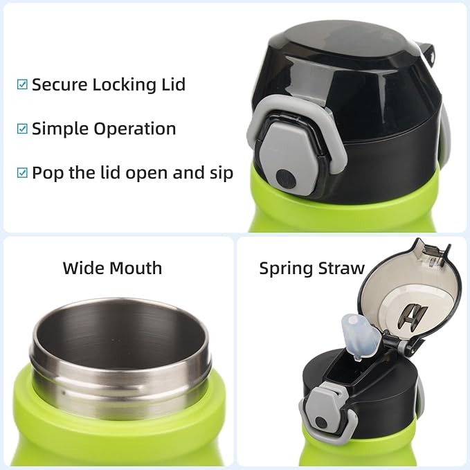 Insulated Water Bottle with Straw and Carry Loop,18 oz Stainless Steel Double Wall Vaccum Metal Water Flask with Leak-proof Lid,Matcha Green-FlexoryFit