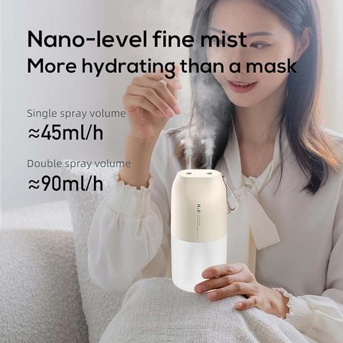 Dual Nozzle Portable Humidifier 300ml with Dual Spray Modes and Night Light for Bedroom and Car