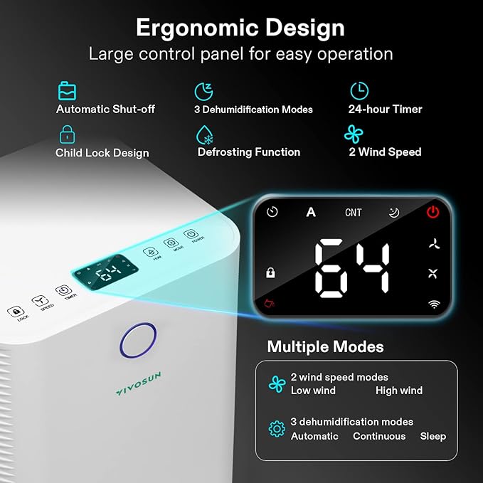 VIVOSUN 10L/D 2,000 Sq. Ft. Dehumidifier, Ultra-Quiet Auto Defrost Dehumidifier Equipped with 2L Water Tank, Smart WiFi App, Color Digital Display, 24-hour Timer for Home, Basement, Bedroom