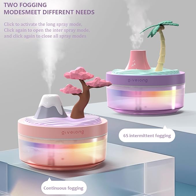 Mini Portable Desktop Humidifiers for Bedroom,Small Humidifier with Cocount Tree,Quiet,Cool Mist, Auto Off,7 Colors Night Light,320ml Air Humidifier Home Office Travel (PURPLE)