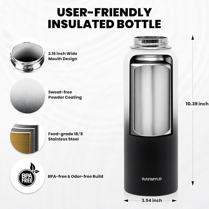 Insulated Water Bottle 40 oz, Triple Wall Vacuum Stainless Steel (Cold for 48 Hrs), Leak Proof & Non-BPA, Modern Water Flask Jug with Paracord Handle & Straw Spout Lids, Ombre: White/Black-FlexoryFit