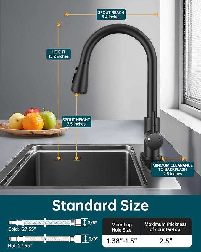 Kitchen Sink Faucet with Pull Down Sprayer with Deck Plate, 1 or 3 Holes High Arc Faucet, Stainless Steel Modern Bar Sink Faucets for Pot Filler, Farmhouse Laundry, RV Bathroom (Black)
