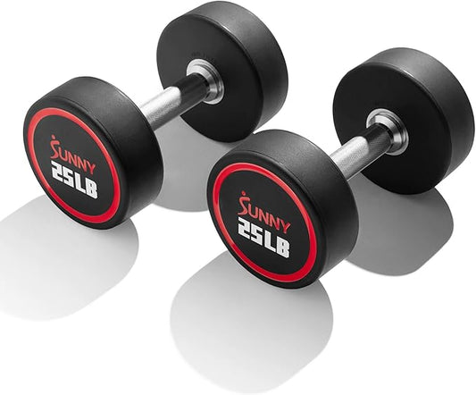 Sunny Health & Fitness Premium Polyurethane Commercial Grade Round Dumbbells with Diamond Knurled Handle, Durable Strength Training Equipment for Home Gym, 5-50LB-FlexoryFit