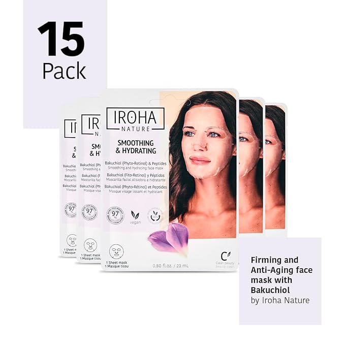 IROHA NATURE Firming & Anti-Aging Tissue Face Mask with Phyto Retinol (Bakuchiol) & Peptides (Pack of 15) | Improves Firmness & Elasticity | Results in 15 Minutes | Cruelty-Free-FlexoryFit