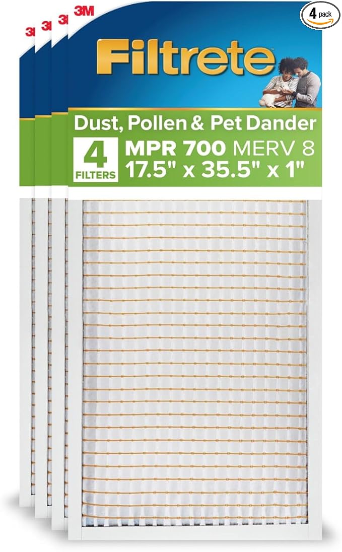 Filtrete 17.5x35.5x1 AC Furnace Air Filter, MERV 8, MPR 700, Tough on Pollen, Easy on Airflow, 3-Month Pleated 1-Inch Electrostatic Air Cleaning Filter, 4-Pack (Actual Size 17.31 x 35.31 x 0.65 in)