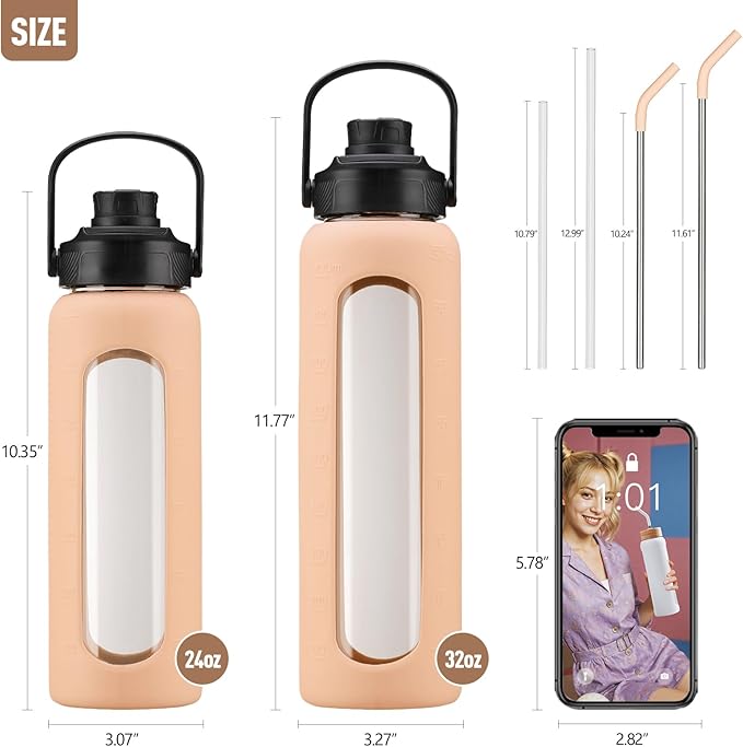 Kodrine Water Bottle with Straw, 24 oz Glass water Bottle with 2 Lids Bamboo Straw Lid and Spout Lid with Handle, 32 oz Clear Water Bottle Glass for Sports Travel, Waterbottle with Time Marker-FlexoryFit