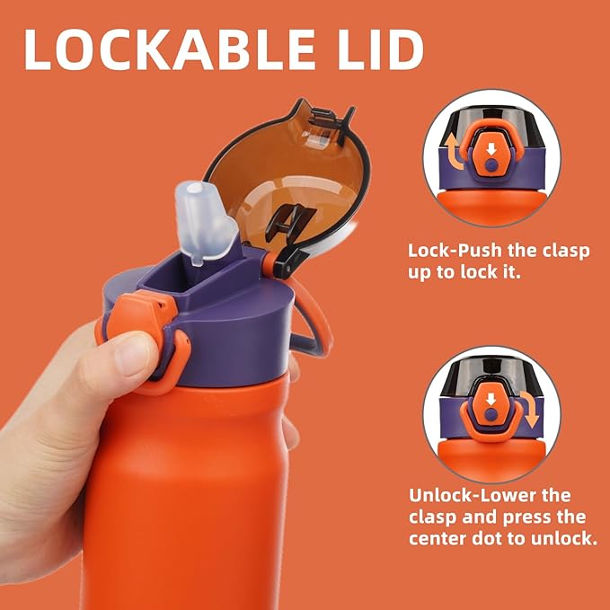 Insulated Water Bottle with Straw and Carry Loop,18 oz Stainless Steel Double Wall Vaccum Metal Water Flask with Leak-proof Lid,Orange-FlexoryFit