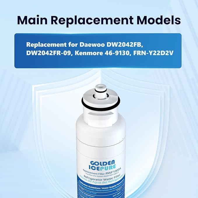 GOLDEN ICEPURE DW2042FR-09 Aqua Crystal Water Filter Replacement for Daewoo DW2042FB, 2Pack, Kenmore 469130, Refrigerator 111.7304561, 60199-0006802-00, FRN-Y22D2V, FRN-Y22D2W, FRNY22F2VI, 3019986700