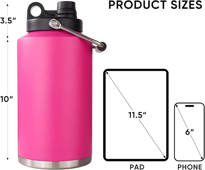 Kerilyn Insulated Gallon Jug with Handle, One Gallon, 128oz Stainless Steel, Large Double Vacuum Water Bottle for Hot & Cold Drinks, Wide Mouth, Sweat Proof, Great for Travel, Camping, Pink-FlexoryFit