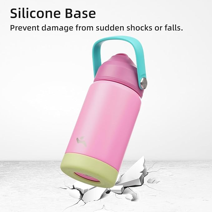 Insulated Water Bottle with Straw Lid,12 oz Stainless Steel Vacuum Metal Bottle with Silicone Handle,Rose Pink-FlexoryFit