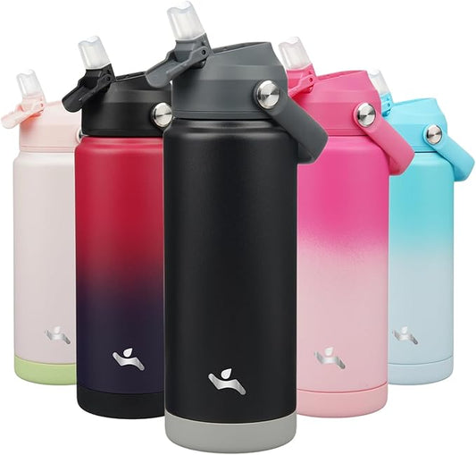 Insulated Water Bottle with Straw Lid,24 oz Stainless Steel Vacuum Metal Bottle with Silicone Handle,Black-FlexoryFit