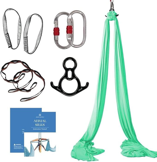 Aerial Silks Starter Kit - Durable 9 Yards of Aerial Yoga Hammock with Hardware & Guide - Aerial Swing for Acrobatic Flying Yoga & All Levels (Aerial Rigging Point Up to 13ft)-FlexoryFit