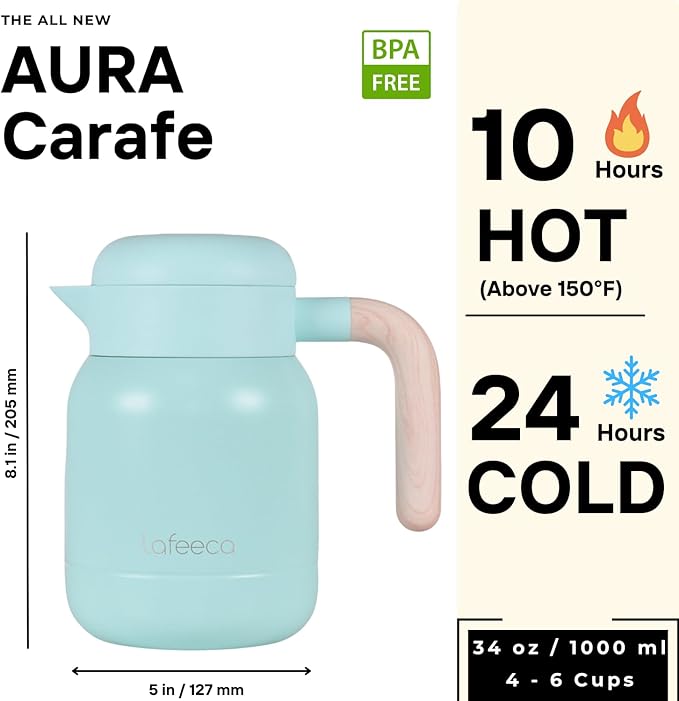 Aura Thermal Coffee Carafe Tea Pot for Keeping Hot & Iced Cold - Vacuum Insulated - Thermos Water Pitcher - Beverage Dispenser - Cool Touch Handle & Lid - BPA Free - 1 Liter - Blue