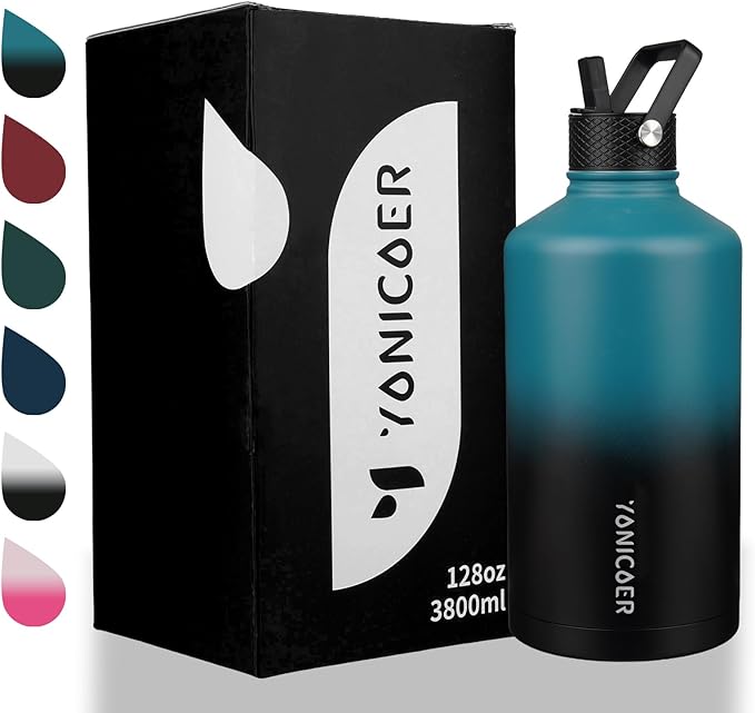 Insulated Water Bottle 64oz,Triple Wall Vacuum Stainless Steel(Dishwasher Safe),Leak Proof & Non-BPA,Flask Jug with Paracord Handle & Straw Spout Lids Sports-FlexoryFit