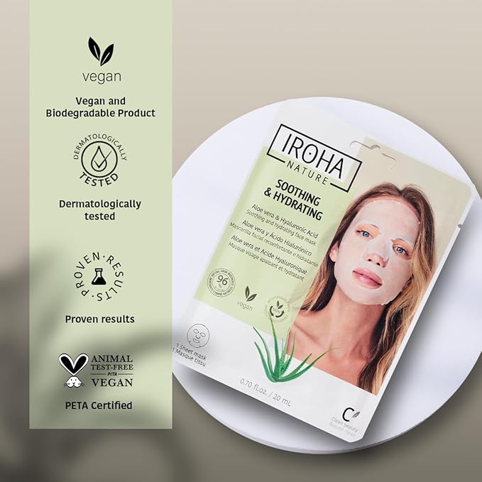 IROHA NATURE Comforting & Hydrating Tissue Face Mask with Aloe Vera | 15 Pieces | Aftersun Effect | 96% Natural Ingredients-FlexoryFit