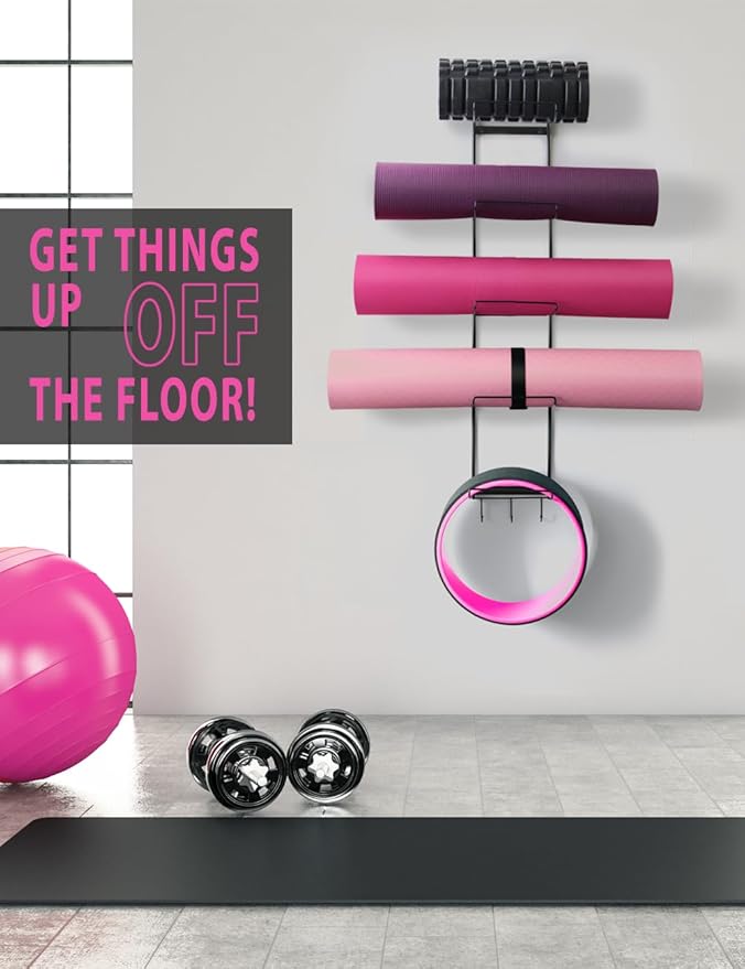 MRZZATA 5-Tiers Yoga Mat Holder Wall Mount, Metal Storage Rack for Mats/Wheels, Foam Roller and Block, Wall Rack with 3-Hooks for Hanging Stretching Strap, Resistance Bands, Yoga Accessories-FlexoryFit