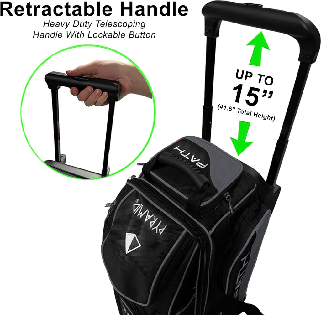 Pyramid Path Triple Premium Deluxe Roller Bowling Bag With Extra Large Separate Shoe Compartment (Up To US Mens Size 16) and 5 Accessory Pockets, 5" Wheels, Retractable Locking Handle - Extends to 42"