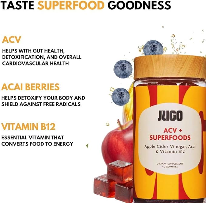 JUGO Apple Cider Vinegar + SUPERFOODS | ACV Gummies with Vitamin B12 & Acai | 40 Count Digestive Support Gummies | Plant-Based, Gelatin- Free, Non-GMO, Made in USA-FlexoryFit
