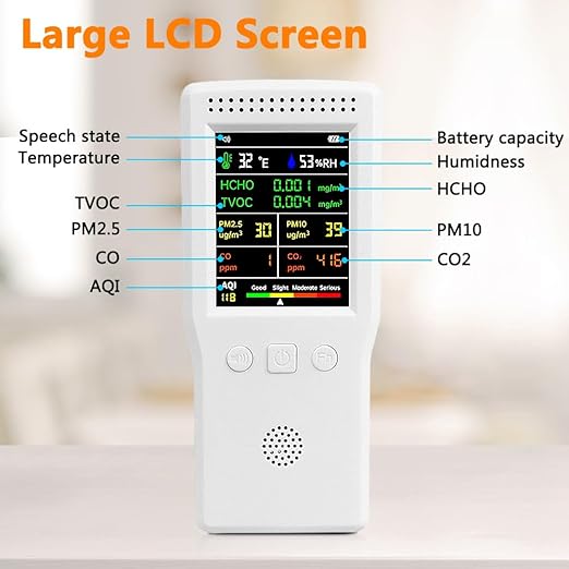 9-in-1 Air Quality Monitor Indoor,Portable PM2.5,PM10,AQI,CO2,CO,TVOC,HCHO,Humidity & Temperature Detector,Real Time Monitoring,Large Display with Voice Alert,Home Air Test Kits (White)