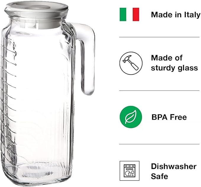 Bormioli Rocco Gelo 41 Oz Glass Pitchers with Lid - Set of 2 Carafe for Homemade Juice, Iced Tea, Milk, Cold Brew, Lemonade - Durable & Dishwasher Safe Pitcher, BPA-Free - Made in Italy (Red Lid)