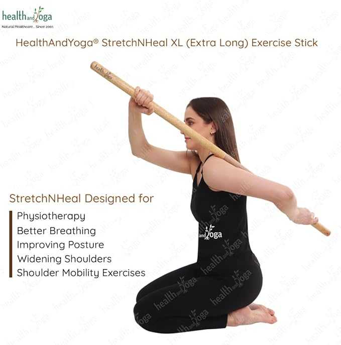 HealthAndYoga™ StretchNHeal Collapsible Multi-Use Wooden Yoga Stick - Regular and XL - Portable Posture Corrector Pole, Stretch Mobility Stick, Physical Workout Exercise Dowel-FlexoryFit