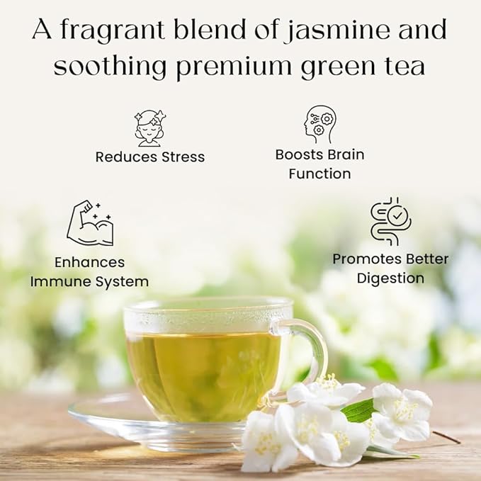 Jasmine Green Tea Bags, 50 Counts, Mountain Loose Leaf Green Tea, Flavored, Delightful Aroma, Sugar Free, 100% Natural Gluten Free, Medium Caffeine Brew As Hot, Cold Or Iced Tea-FlexoryFit