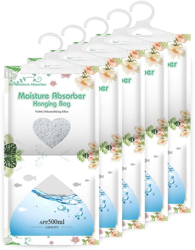 CANAGER Hanging Moisture Absorber,Hanging Dehumidifier Bags for Closet,Bedroom and Kitchen,Fragrance Free-5 Packs,Moisture Absorb 12.5OZ