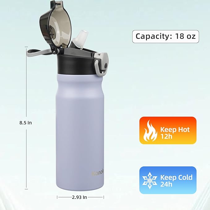 Insulated Water Bottle with Straw and Carry Loop,18 oz Stainless Steel Double Wall Vaccum Metal Water Flask with Leak-proof Lid,Light Purple-FlexoryFit