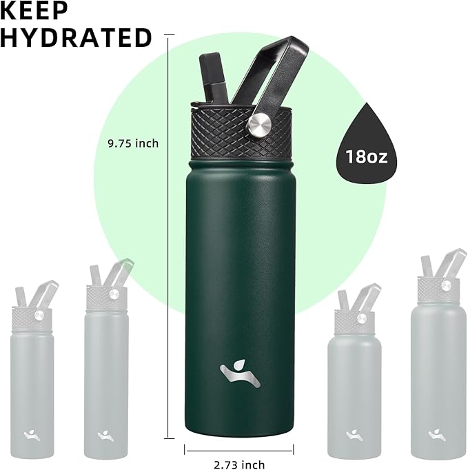18 oz Insulated Water Bottle Stainless Steel Sport Bottles with 3 Lids,Army Green-FlexoryFit