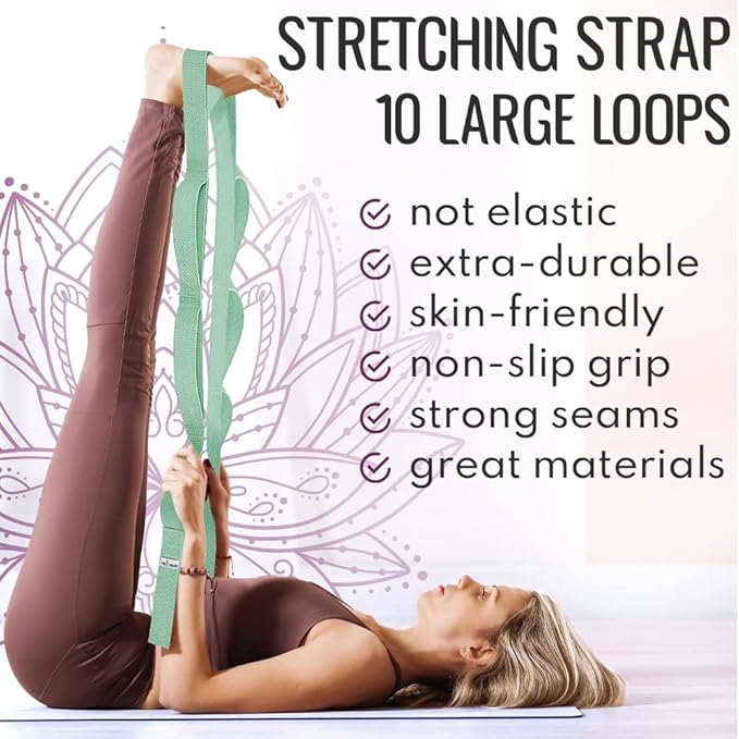 TECEUM Stretching Strap for Yoga & Physical Therapy – 10 Loops – Non-Elastic Leg Stretch Straps for Stretching, Exercising, Pilates, Post-Injury Rehabilitation for All Levels – Men & Women-FlexoryFit