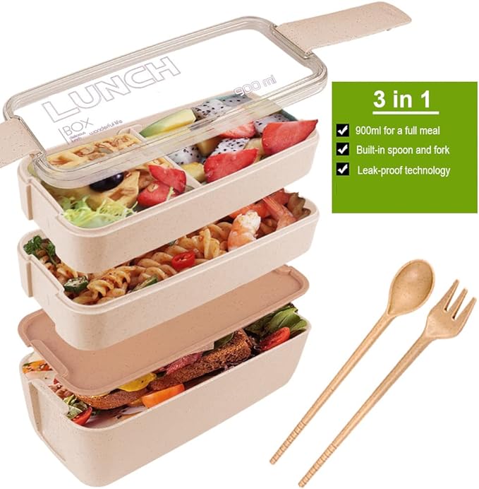 Iteryn Bento Adults Lunch Box, Stackable Bento Box, 3-In-1 Compartment - Wheat Straw, Leakproof Bento Lunch Box Meal Prep Containers-FlexoryFit