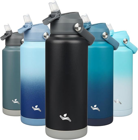 Insulated Water Bottle with Straw Lid,32 oz Stainless Steel Vacuum Metal Bottle with Silicone Handle,Black-FlexoryFit