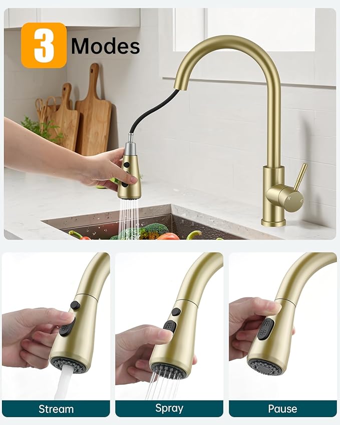 Brushed Gold Kitchen Faucet with Pull Down Sprayer, High Arc Faucet, Stainless Steel Modern RV Bar Sink Faucets for Pot Filler, Farmhouse Camper Bar Laundry, RV Bathroom