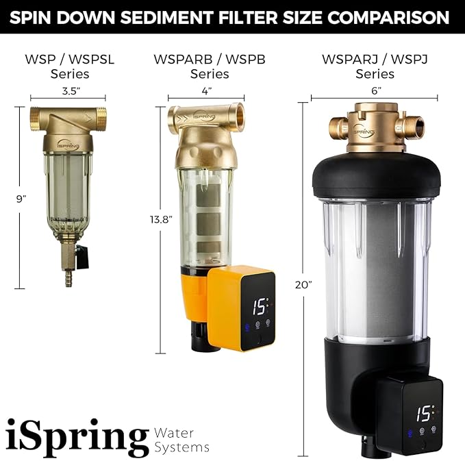 iSpring WSP50ARJ, NSF Certified, Spin-Down Sediment Water Filter, Upgraded Jumbo Size, Large Capacity, Reusable with Touch-Screen Auto Flushing Module, Brass Top Clear Housing, 50 Microns