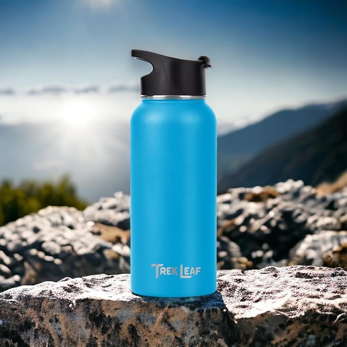 Travel Water Bottle with Carrying Bag, 3 Lids (Spout, Straw, Flip), and Bottle Brush; Leak Proof, Quality, Vacuum Insulated, Stainless Steel (Ocean Blue, 32 oz)