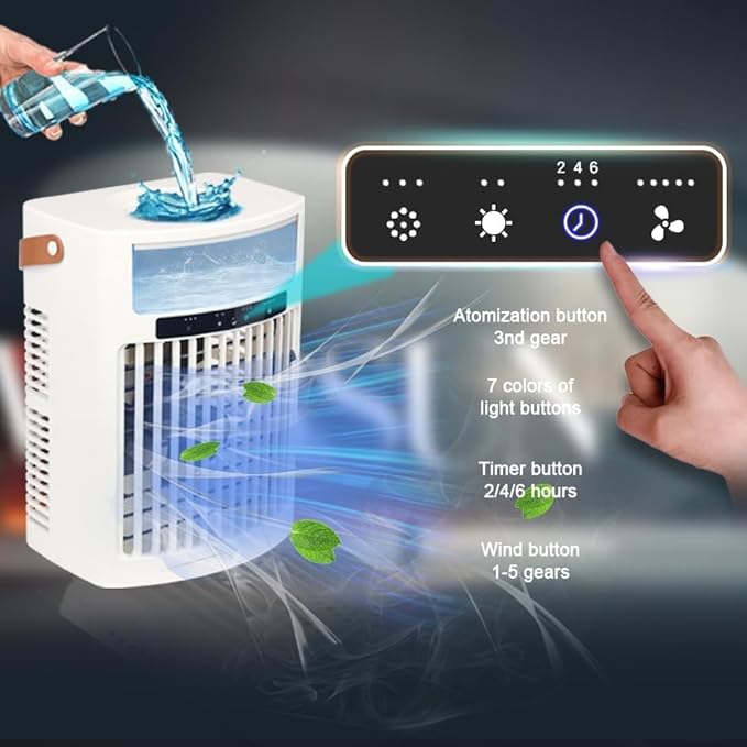 Portable Air Conditioners, air cooler, 1000ML Cooling fan Air Conditioner, 5 Wind Speed & 7 LED Light, 3 Cool Mist& 2/4/6 Timer, USB Cooling Fan for home office outdoor