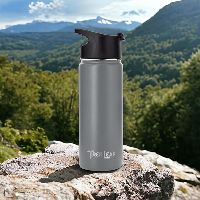 Travel Water Bottle with 3 Lids (Spout, Straw, Flip) Leak Proof, Quality, Vacuum Insulated, Stainless Steel (Gray, 18 oz)