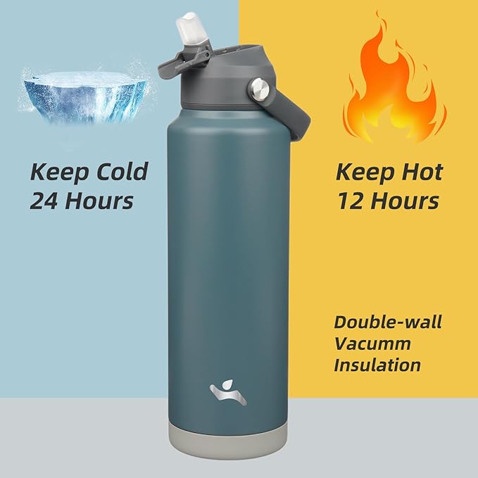 Insulated Water Bottle with Straw Lid,40 oz Stainless Steel Vacuum Metal Bottle with Silicone Handle,Dark Gray-FlexoryFit