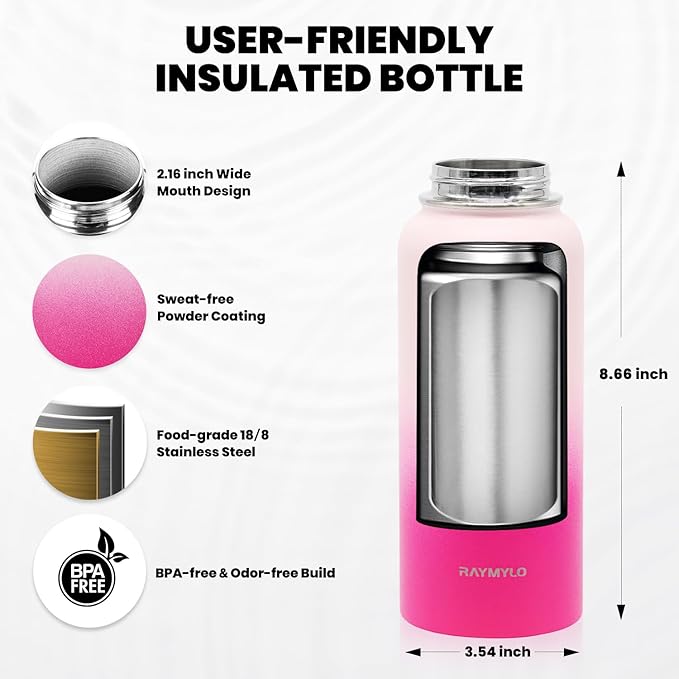Insulated Water Bottle 32 oz, Triple Wall Vacuum Stainless Steel (Cold for 48 Hrs), Leak Proof & Non-BPA, Modern Water Flask Jug with Paracord Handle & Straw Spout Lids, Ombre Pink-FlexoryFit